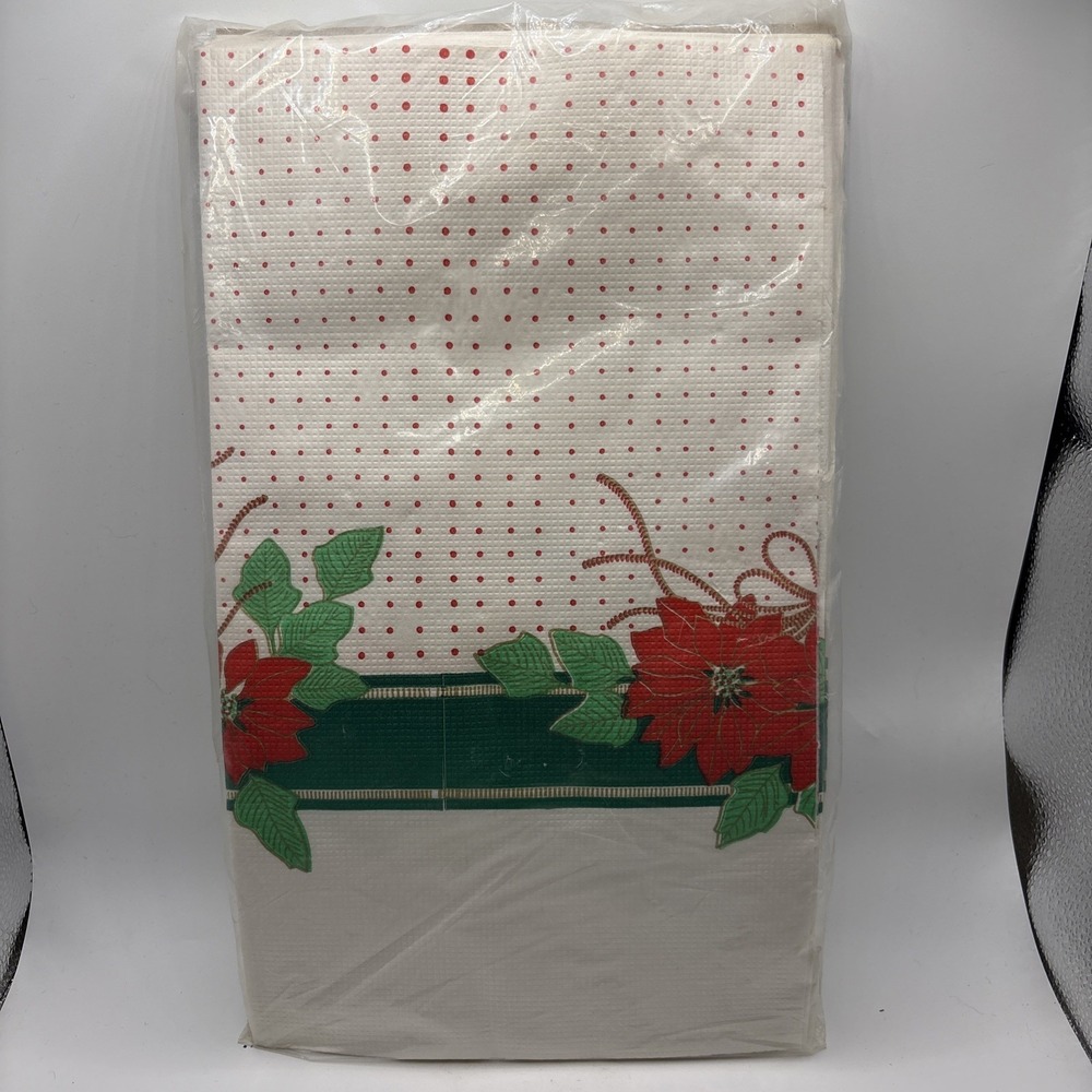 Vintage Christmas Poinsettias Paper Table Cover NOS Holiday Decor 54"x96"